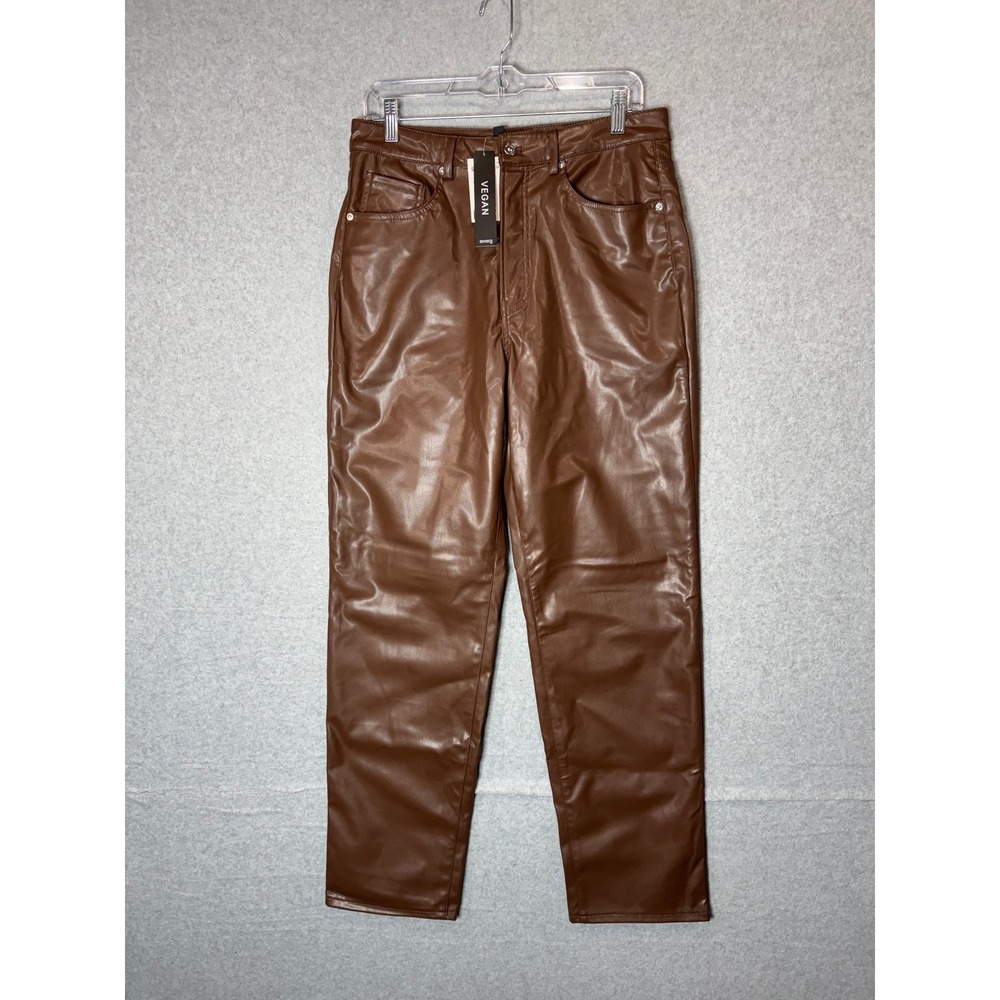 H&M Divided Leather Pants Women 8 Brown 5-Pocket Flat Front Straight Leg Zip Fly